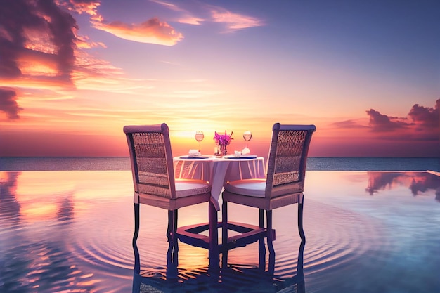 Mesa ao ar livre para jantar de casal romântico com piscina de borda infinita e vista para o mar sob o pôr do sol para lua de mel