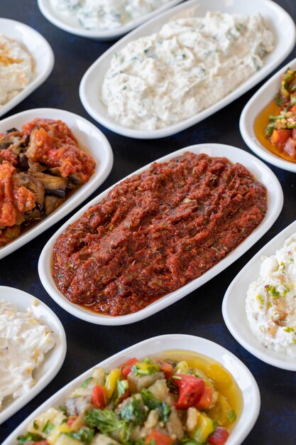 Mesa de aperitivos de comida tradicional turca y griega Ensalada de berenjena a la parrilla saksuka Ensalada de Anamur Baba Ghanoush Mutabbal pasha aperitivo pasta picante o ensalada de verdolaga harissa Enfoque selectivo