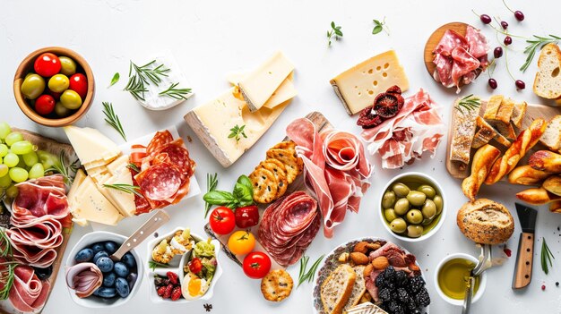 Foto mesa de aperitivos con diferentes antipasti, bocadillos de charcutería y queso generativo ai