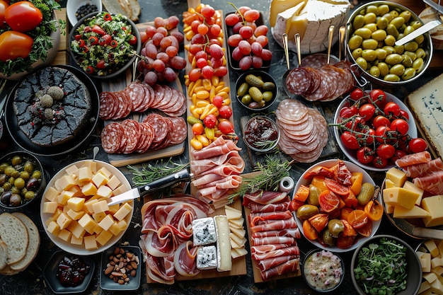 Foto mesa de aperitivos con varios antipasto y charcutería generativo ai