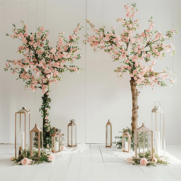 una mesa con un árbol y flores en ella