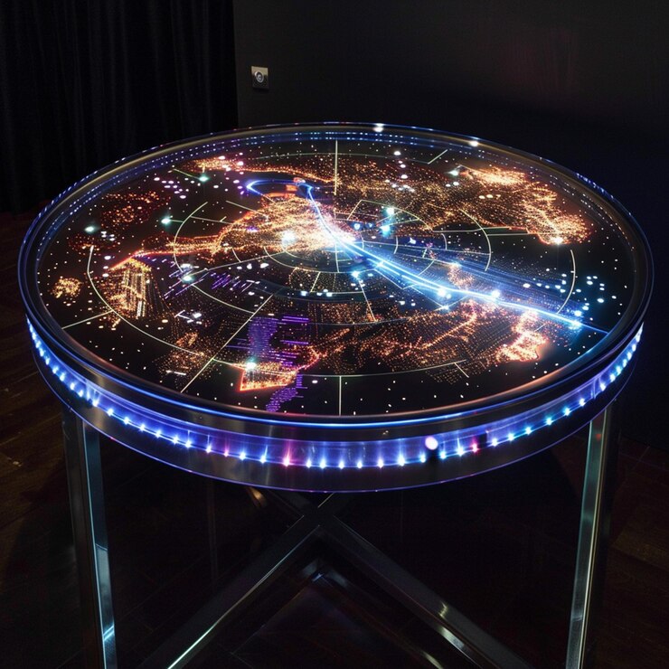 mesa arrafada con una tapa de vidrio circular con un mapa en ella