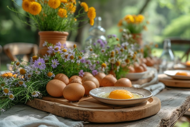 Una mesa arreglada con regalos de la naturaleza que invita a una alegre reunión de primavera Las recompensas de Pascua esperan