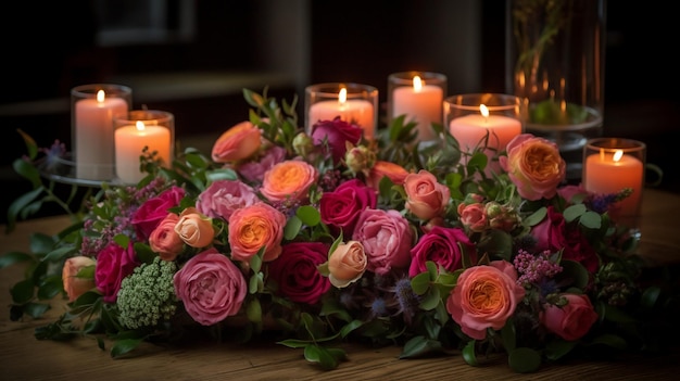 Una mesa con un arreglo floral y velas.