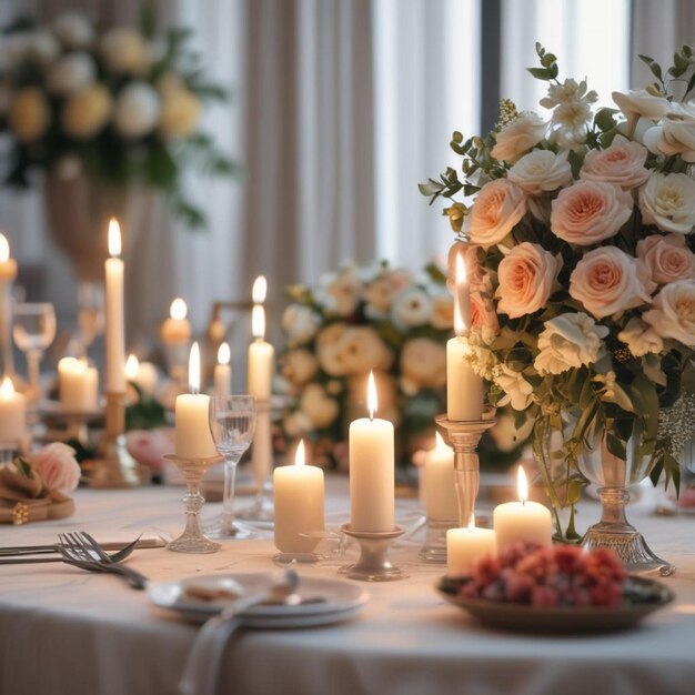 una mesa con un arreglo de flores y velas en ella