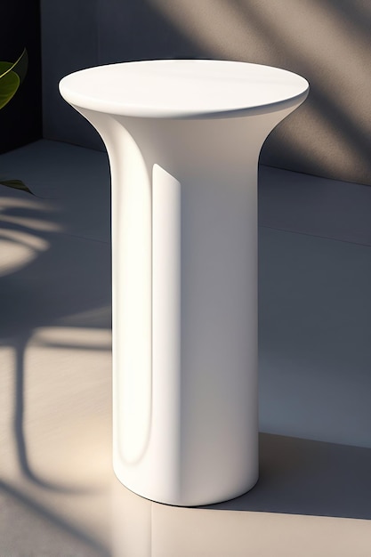 Mesa auxiliar de podio de granito redondo de terrazo blanco con hoja de palma a la sombra del sol en blanco crema w