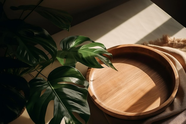 Mesa auxiliar redonda de madera con hojas de plantas tropicales verdes y hermosa luz solar