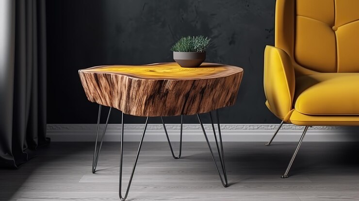 Mesa auxiliar Tree Stump con diseño de patas de horquilla en una habitación moderna Color brillante Generativo ai