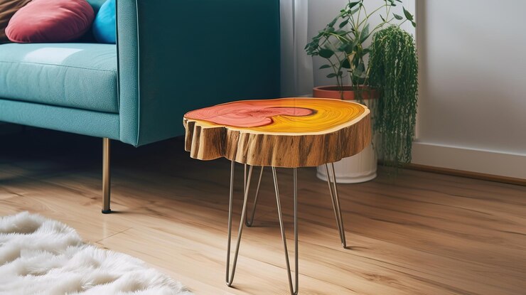 Mesa auxiliar Tree Stump con diseño de patas de horquilla en una habitación moderna Color brillante Generativo ai