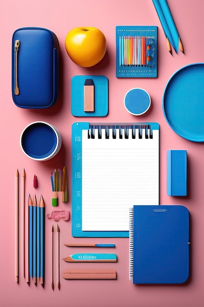 Mesa azul con accesorios escolares Composición creativa plana