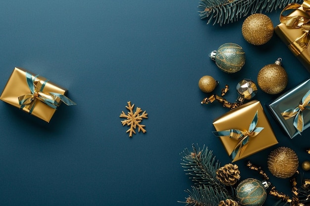 una mesa azul con adornos de oro y adornos en ella