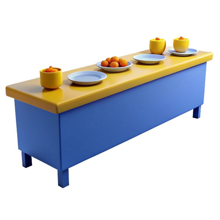Foto una mesa azul y amarilla con comida en ella y una mesa amarilla con alimentos en ella