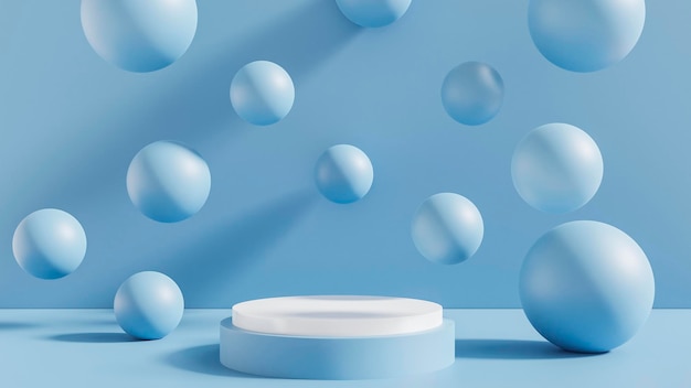 una mesa azul con bolas azules y un cuenco blanco con burbujas azules