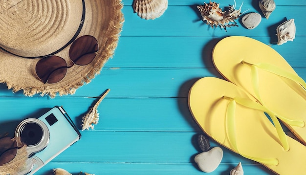 Una mesa azul con chanclas amarillas, una mesa azul con una concha marina y un fondo azul