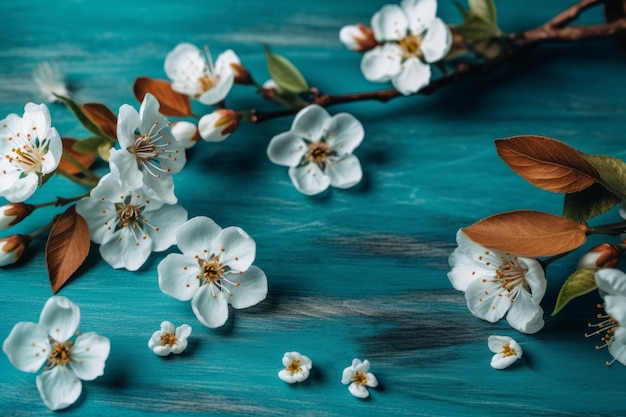 Una mesa azul con flores y hojas.