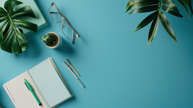 una mesa azul con gafas de portátil y un bolígrafo en ella