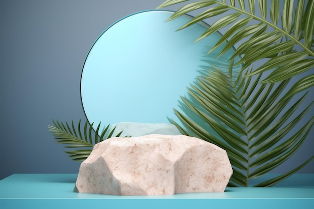 Una mesa azul con una gran roca blanca y una hoja de palma encima.
