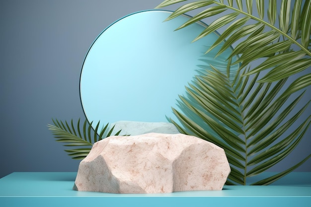 Una mesa azul con una gran roca y una hoja de palma encima.
