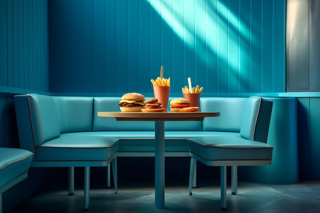 Una mesa azul con una hamburguesa y papas fritas