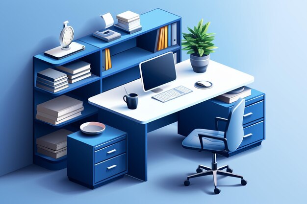 Mesa azul isométrica com uma pilha de livros e uma caneca de café móveis de escritório modernos com educacional