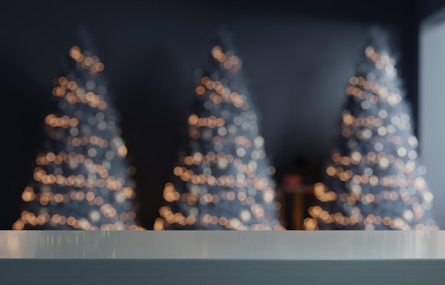 Foto mesa azul oscuro vacía en la habitación del árbol de navidad con fondo de decoración3d renderización