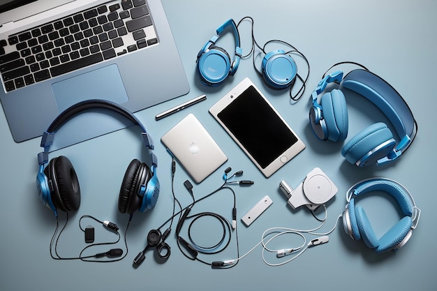 Foto mesa azul plana com laptop e fones de ouvido