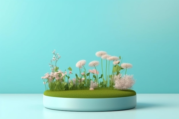 Una mesa azul con una planta y flores.