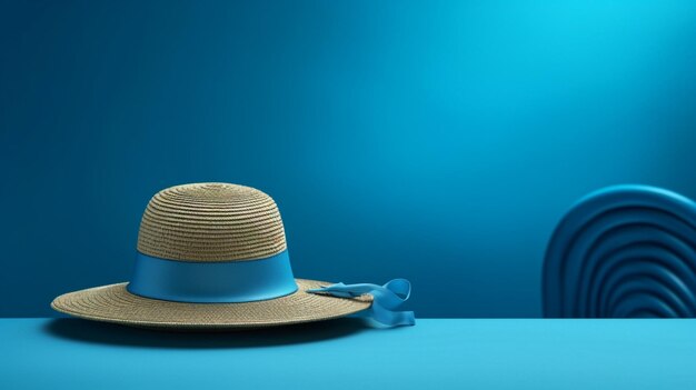 Foto una mesa azul con un sombrero y un sombrero de paja con