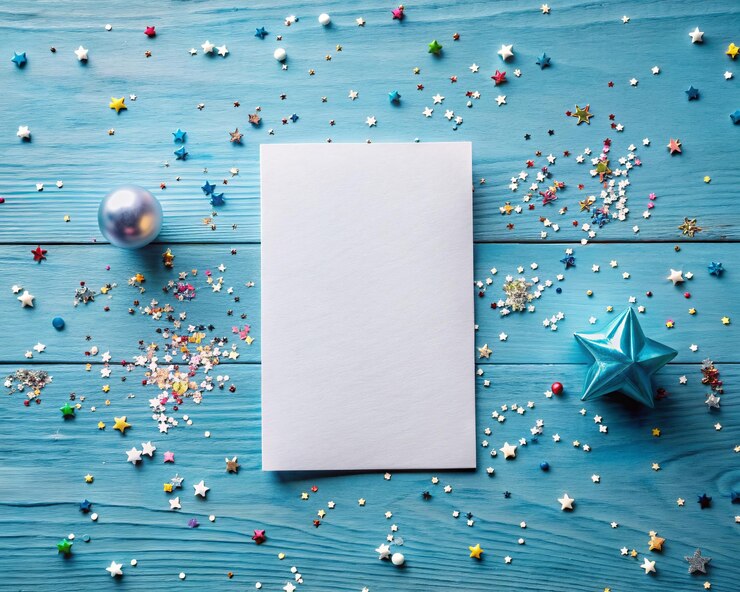 Foto una mesa azul con una tabla blanca con una hoja blanca de papel y una estrella en ella