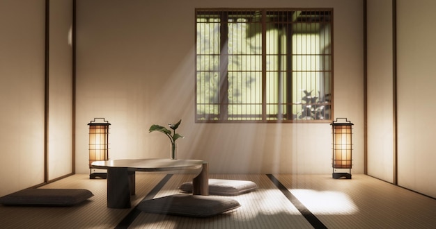 mesa baja en la habitación estilo japonés con decoración muji mínima renderización 3D
