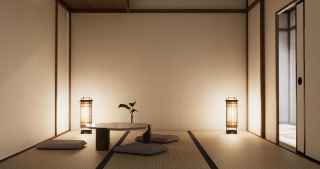 mesa baja en la habitación estilo japonés con decoración muji mínima renderización 3D
