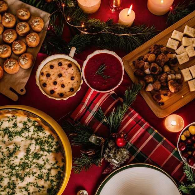 una mesa con una bandeja de comida que dice cita de Navidad en ella