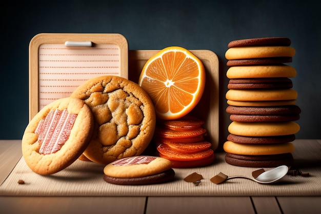 Una mesa con una bandeja de galletas y un cuchillo encima.