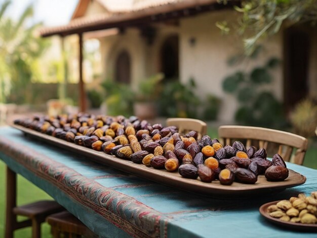 Foto una mesa con una bandeja de nueces y una canasta de nueces