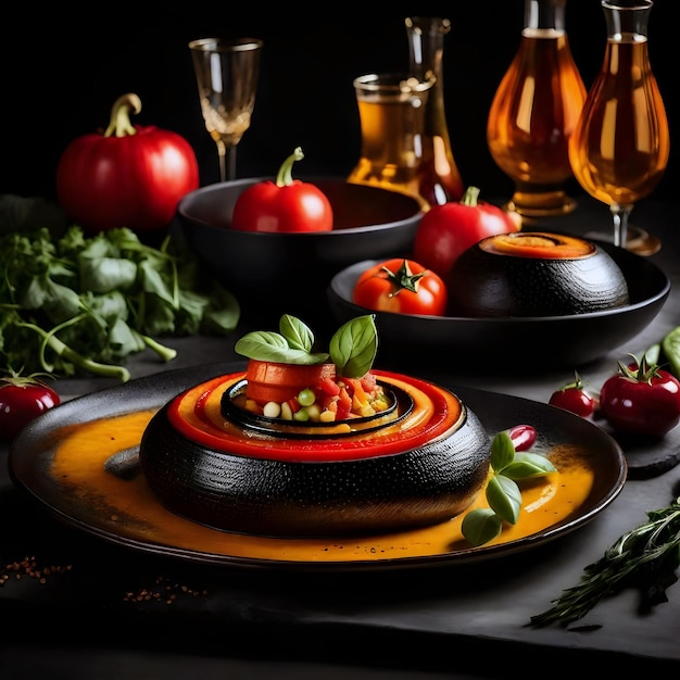 una mesa con una bandeja de verduras y una olla de tomates en ella