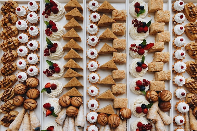 Mesa de banquete de catering bellamente decorada con diferentes bocadillos y aperitivos