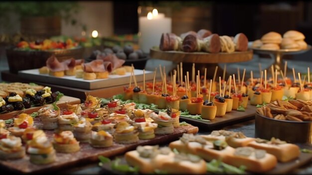 Mesa de banquete de catering bellamente decorada con diferentes bocadillos de comida IA generativa