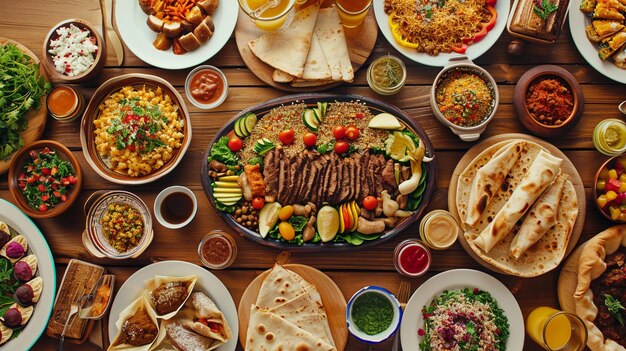 Mesa de banquete festiva llena de una variedad de platos internacionales durante una celebración