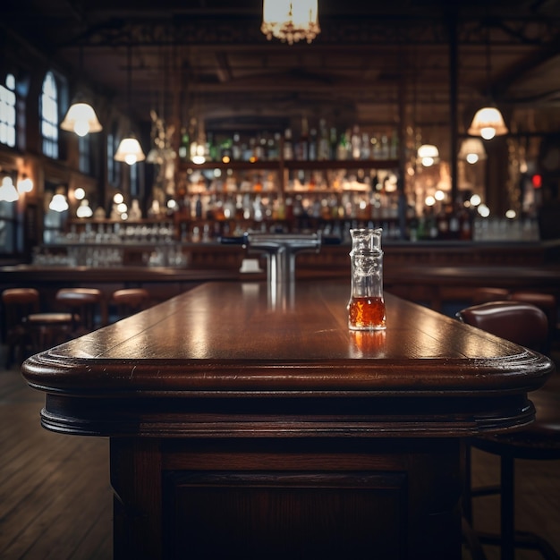 Una mesa en un bar con una barra al fondo.