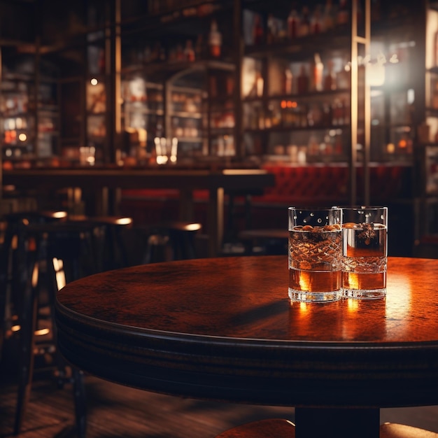 Una mesa en un bar con una barra al fondo.