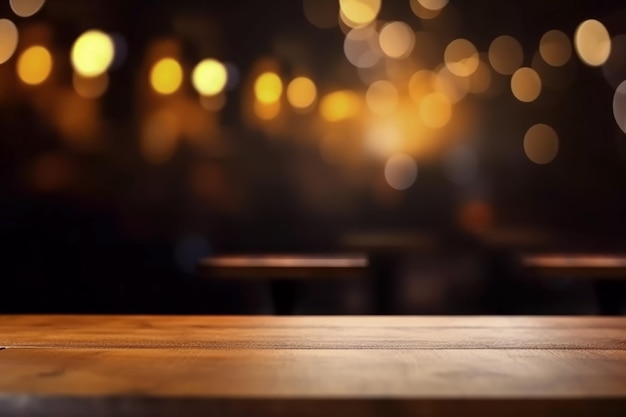 Una mesa en un bar con luces amarillas al fondo.