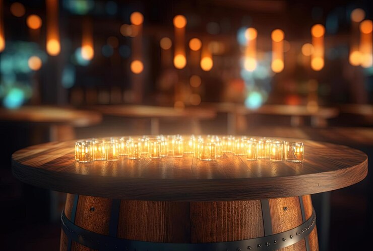 Foto mesa de bar de madera con luces borrosas en el frente al estilo de superficies multicapa
