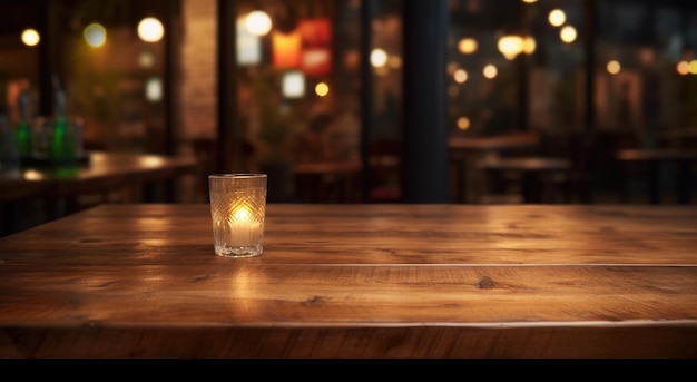 Foto una mesa de bar de madera vacía en la ciudad por la noche