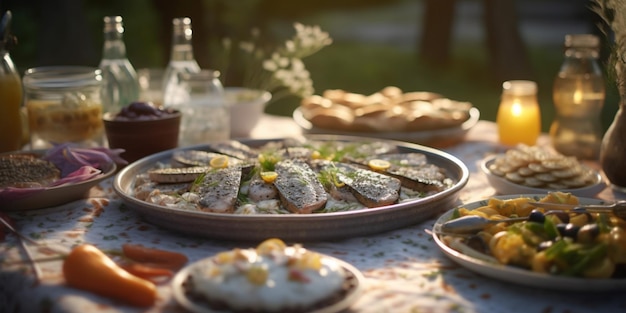 mesa bellamente adornada que muestra especialidades suecas para la celebración de mediados de verano generada por la IA