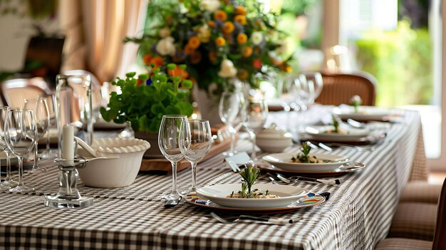 Una mesa bellamente decorada con una pieza central floral vasos de vino y platos de comida deliciosa