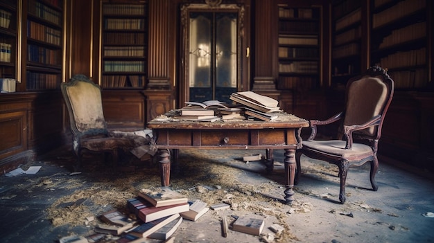 Una mesa en una biblioteca antigua con un libro sobre ella