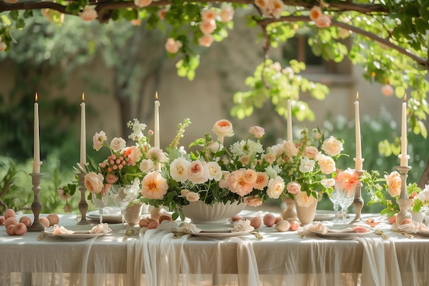 Mesa blanca decorada en un campo con flores y velas estilizadas