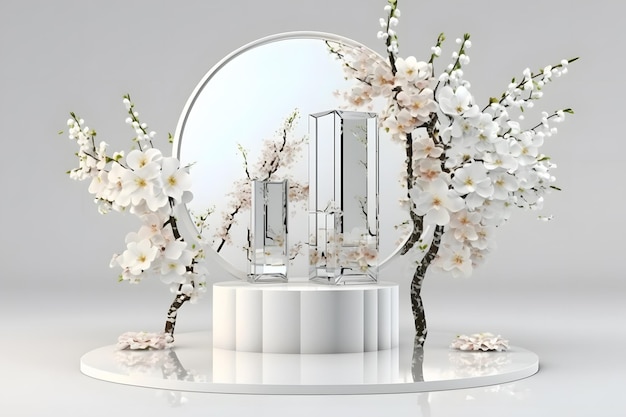 Una mesa blanca con flores y un jarrón de cristal con la palabra "en él"