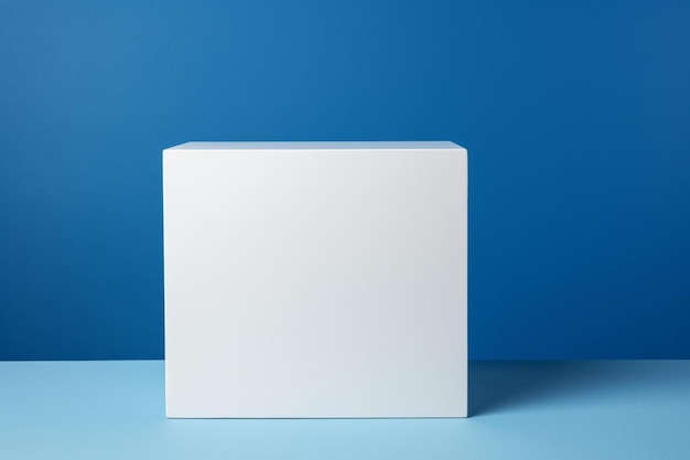 Foto una mesa blanca con un fondo azul y una caja blanca con una caja blanco en ella