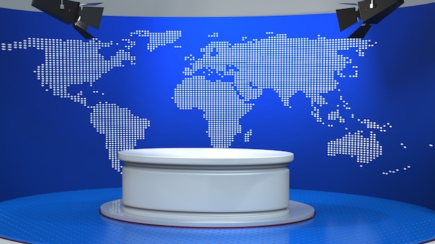 Foto mesa blanca con fondo de noticias de mapa mundial en estudio de noticias